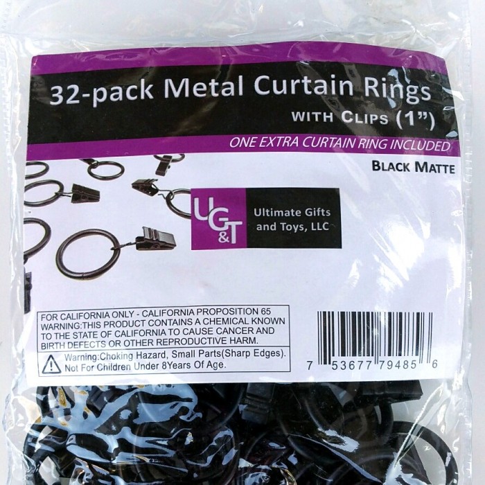 1" Black Matte Curtain Rings with Clips